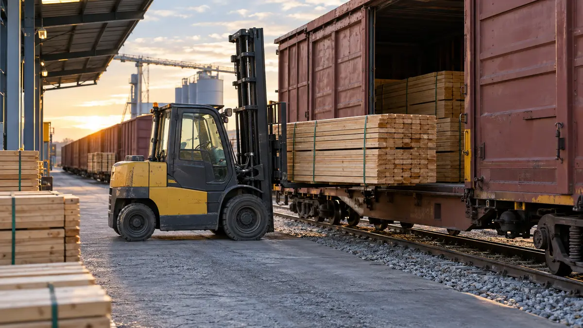 A forklift handling bundled timber beside a freight wagon